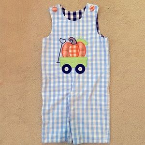 Shrimp & Grits Reversible Boys Overalls- Pumpkin & Santa